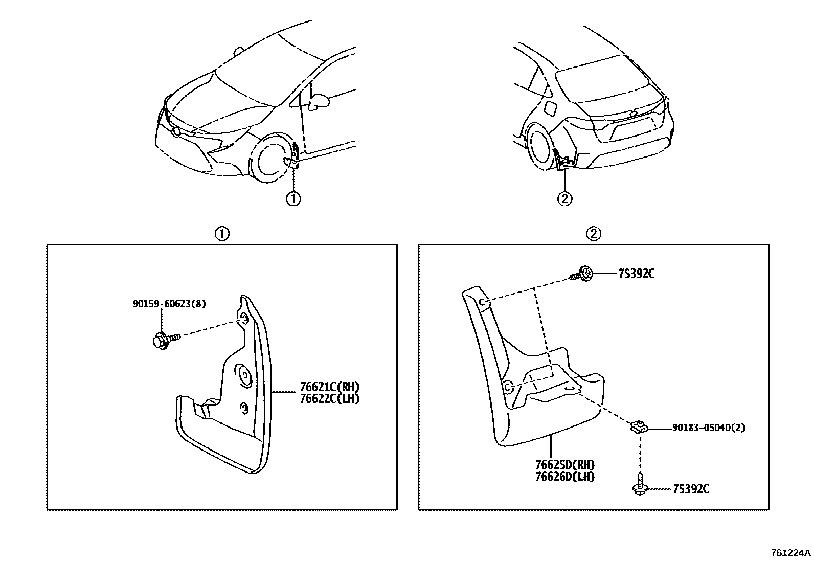 Toyota COROLLA 挡泥板和扰流板 EPC diagram — 761224A