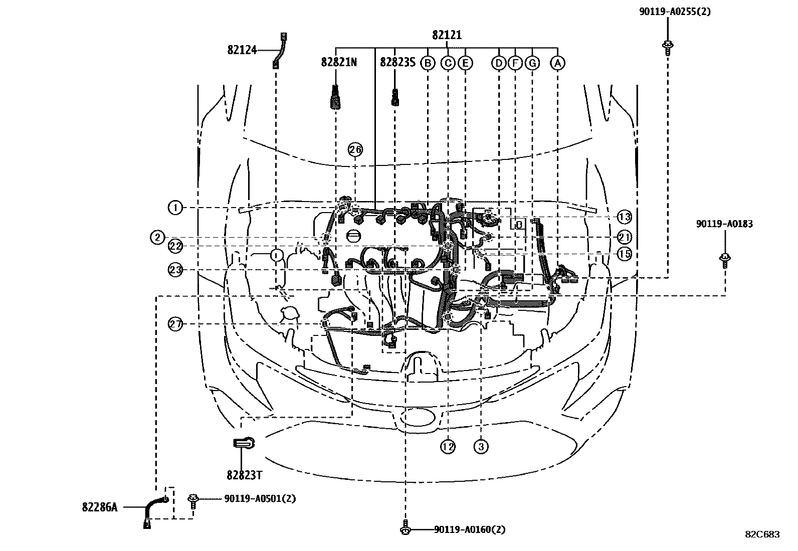 Toyota COROLLA 线束和卡夹 EPC diagram — 82C683