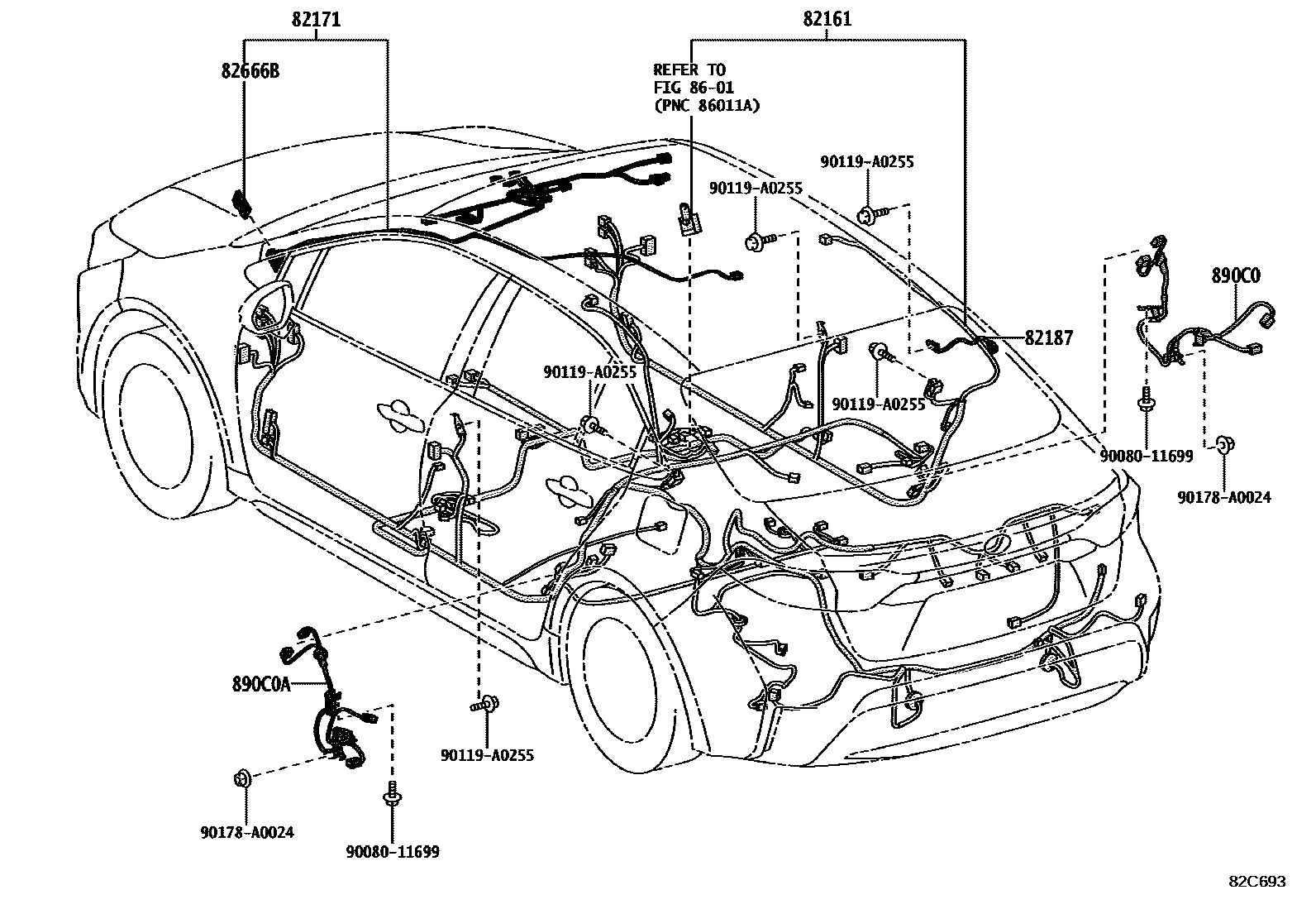 Toyota COROLLA 线束和卡夹 EPC diagram — 82C693