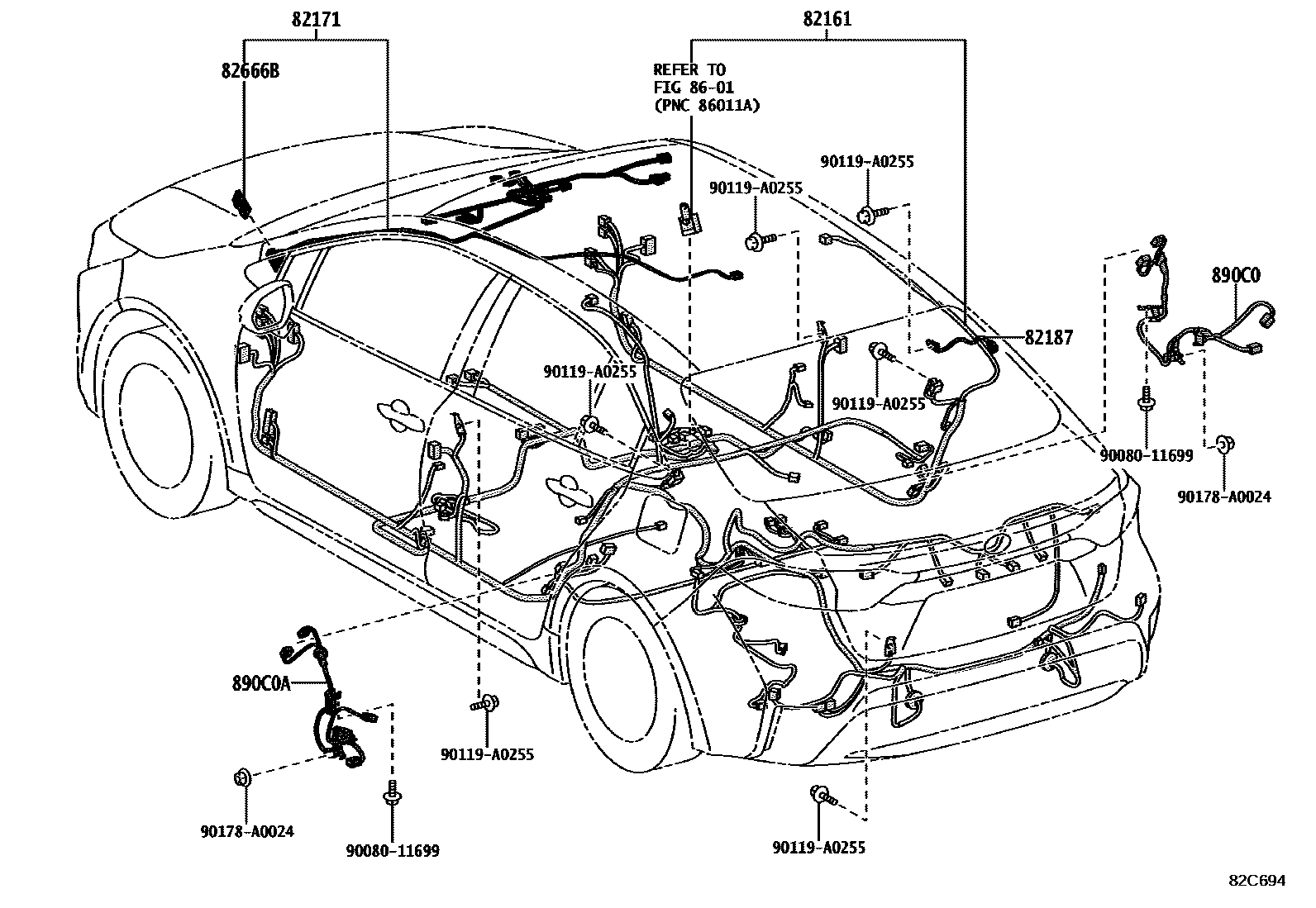 Toyota COROLLA 线束和卡夹 EPC diagram — 82C694