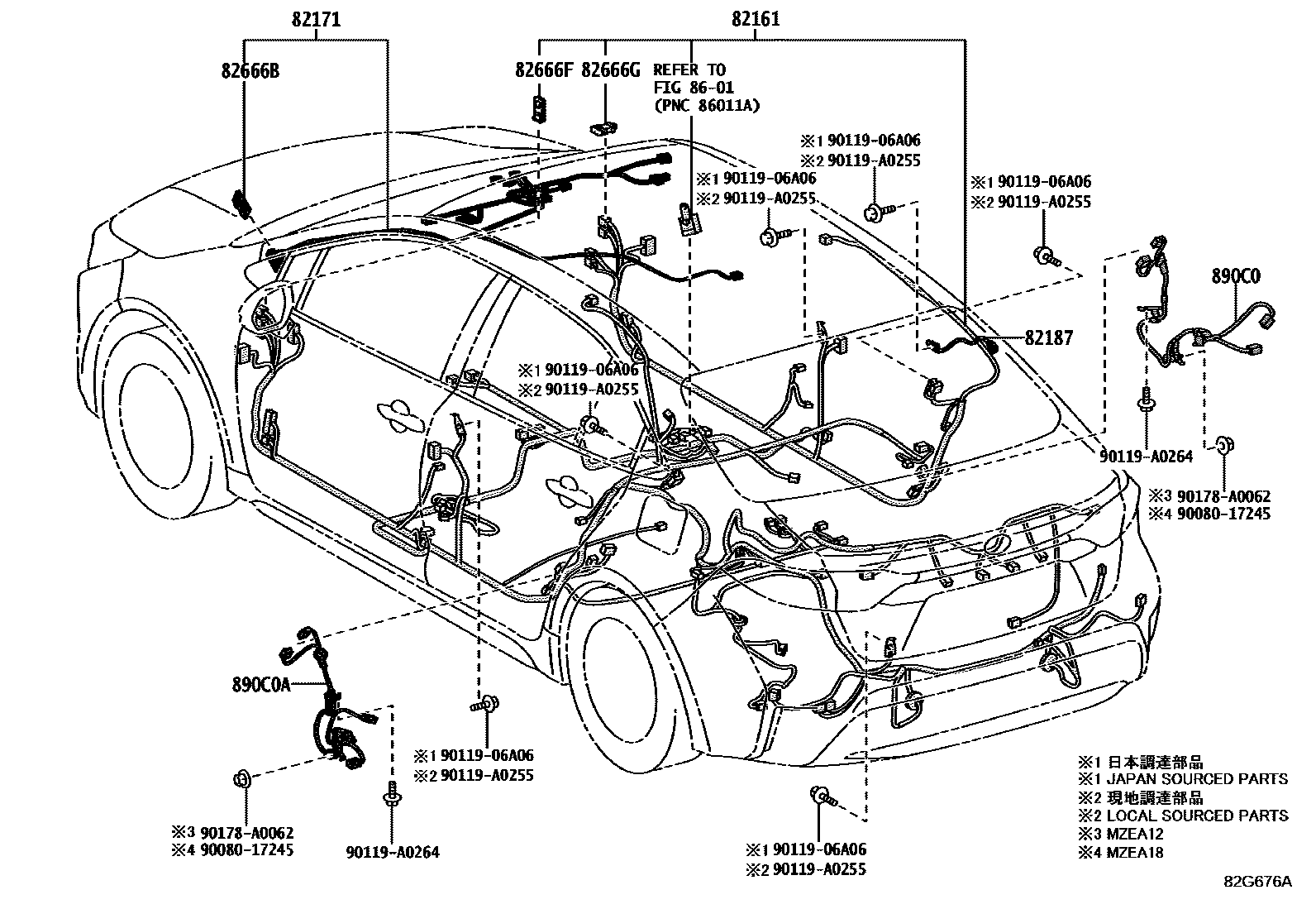 Toyota COROLLA 线束和卡夹 EPC diagram — 82G676A
