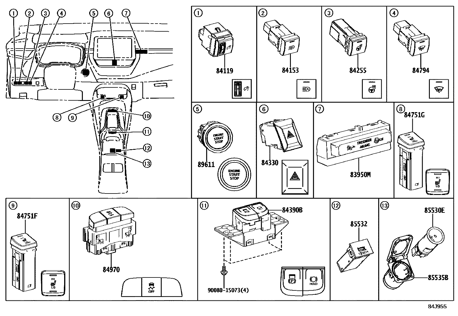 Toyota COROLLA 开关和继电器和ECU EPC diagram — 84J955