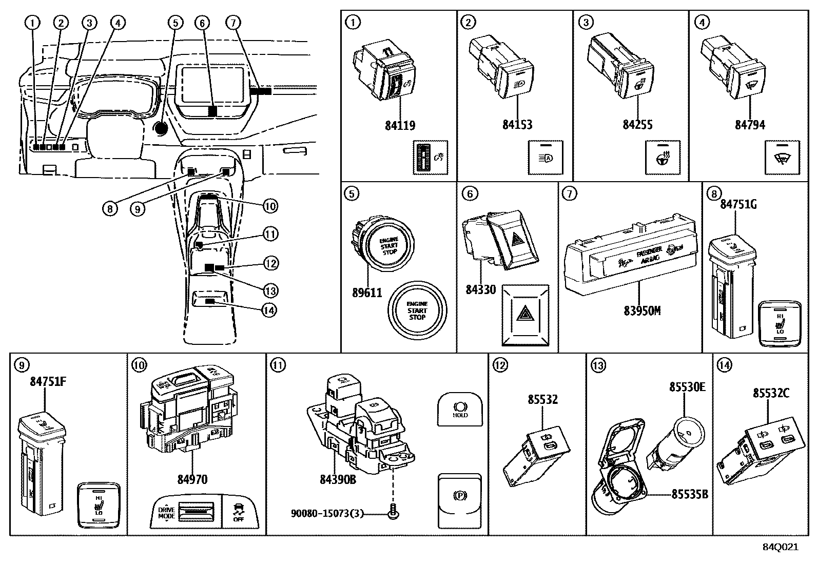 Toyota COROLLA 开关和继电器和ECU EPC diagram — 84Q021