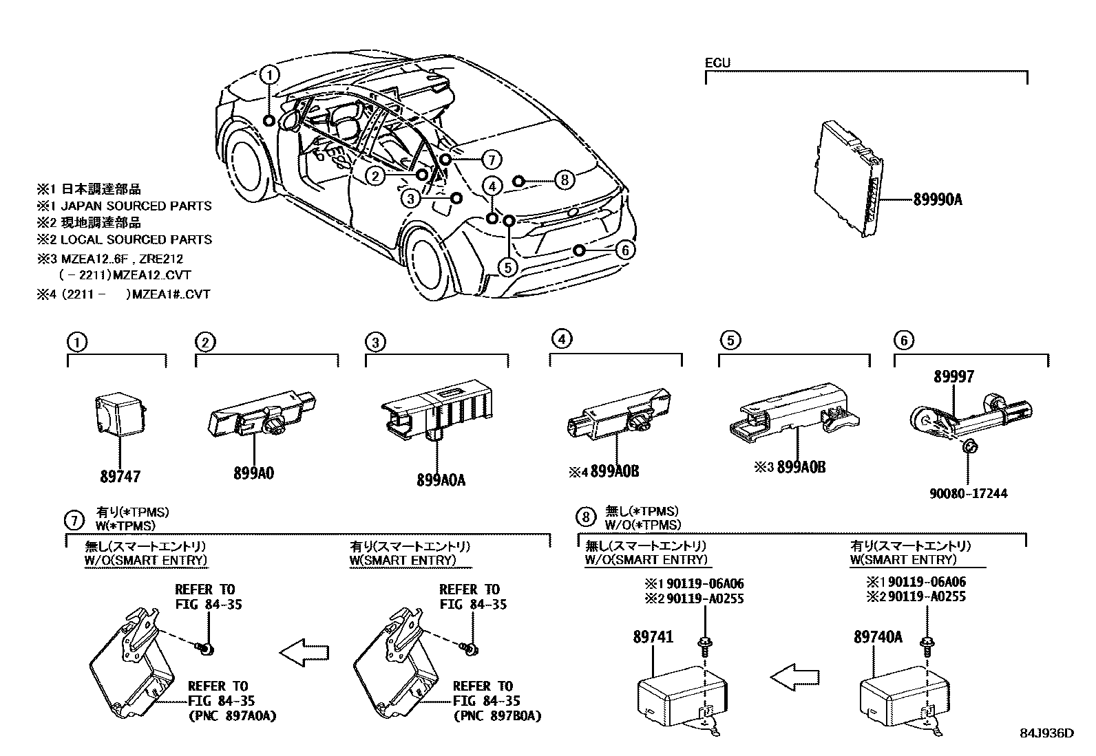 Toyota COROLLA 遥控门锁 EPC diagram — 84J936D