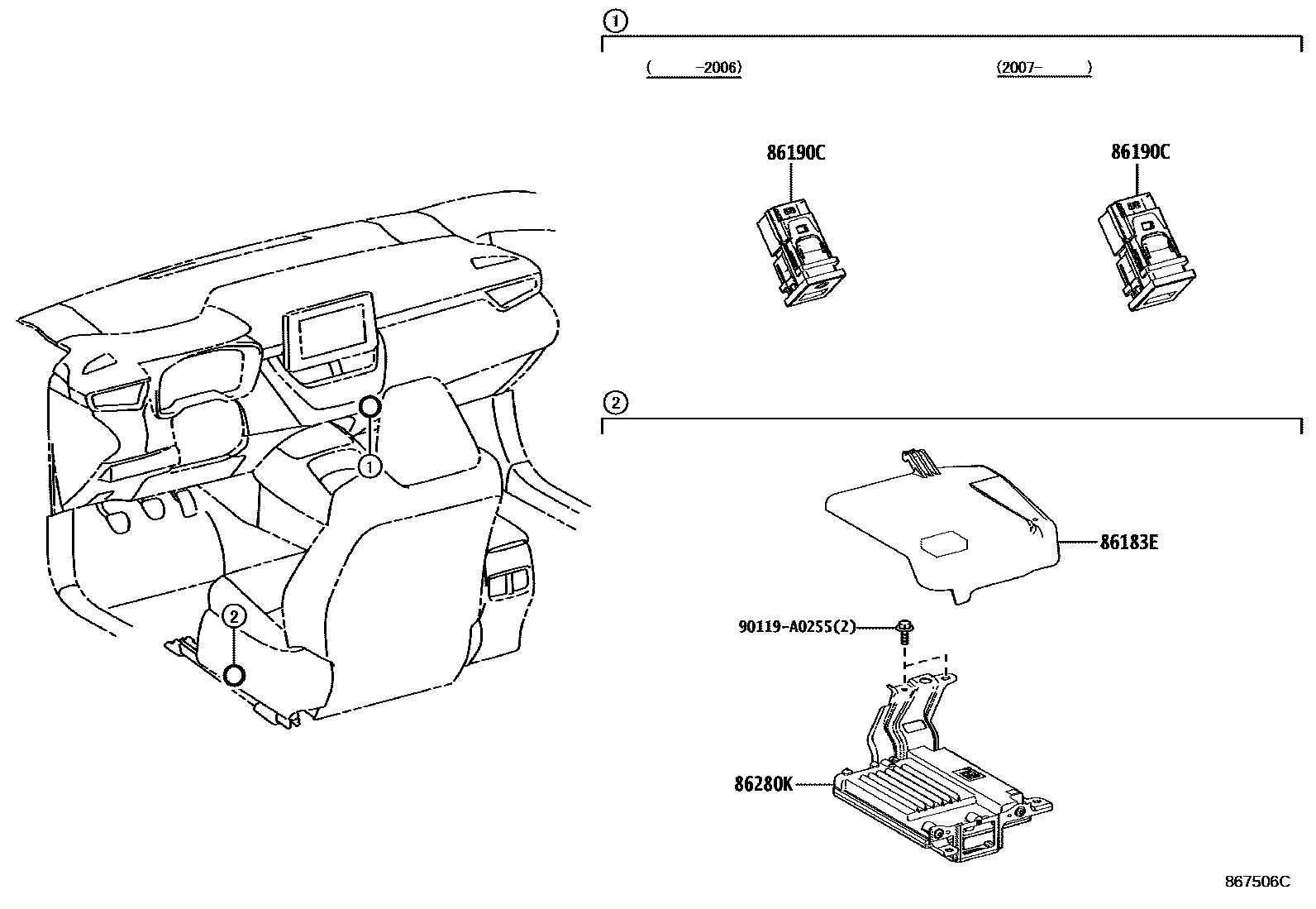 Toyota COROLLA 收音机、放大器和冷凝器 EPC diagram — 867506C
