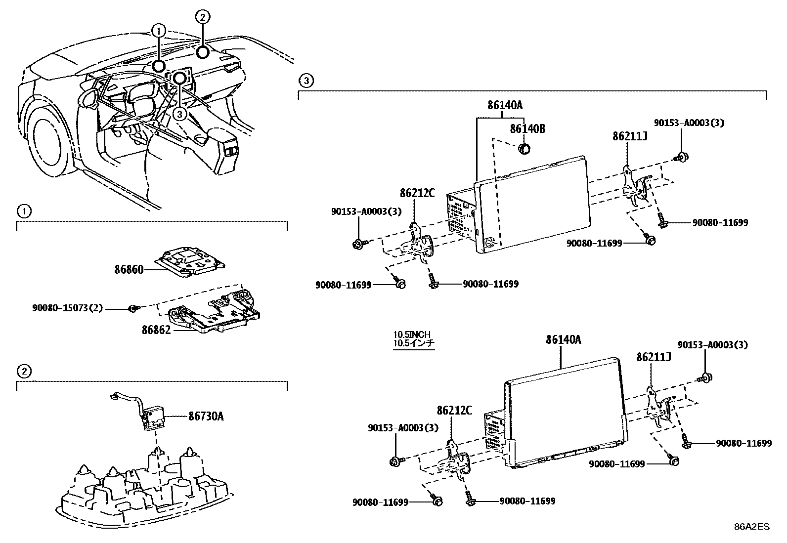 Toyota COROLLA 导航和前监视器显示屏 EPC diagram — 86A2ES