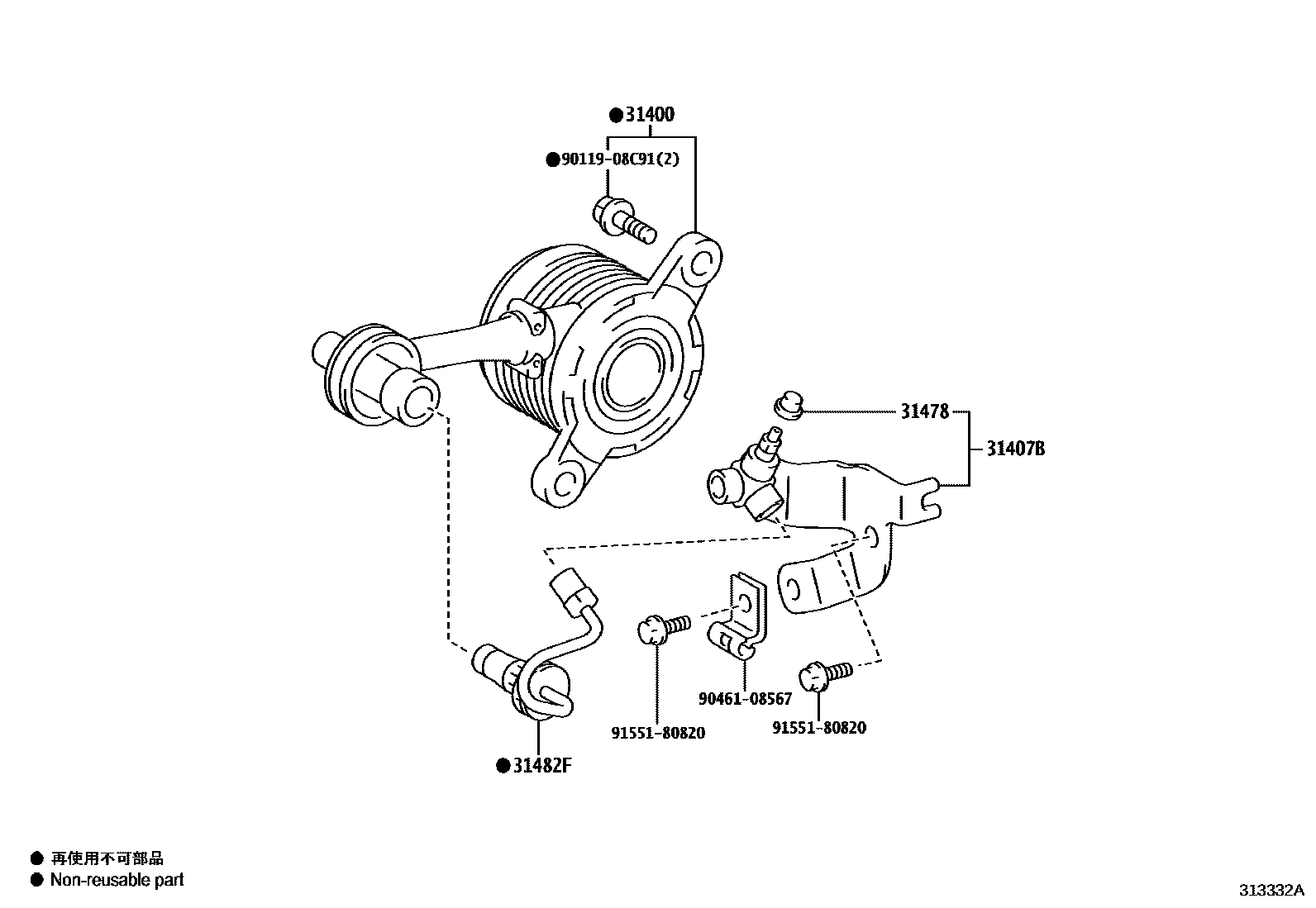 Toyota COROLLA 离合器分离缸 EPC diagram — 313332A
