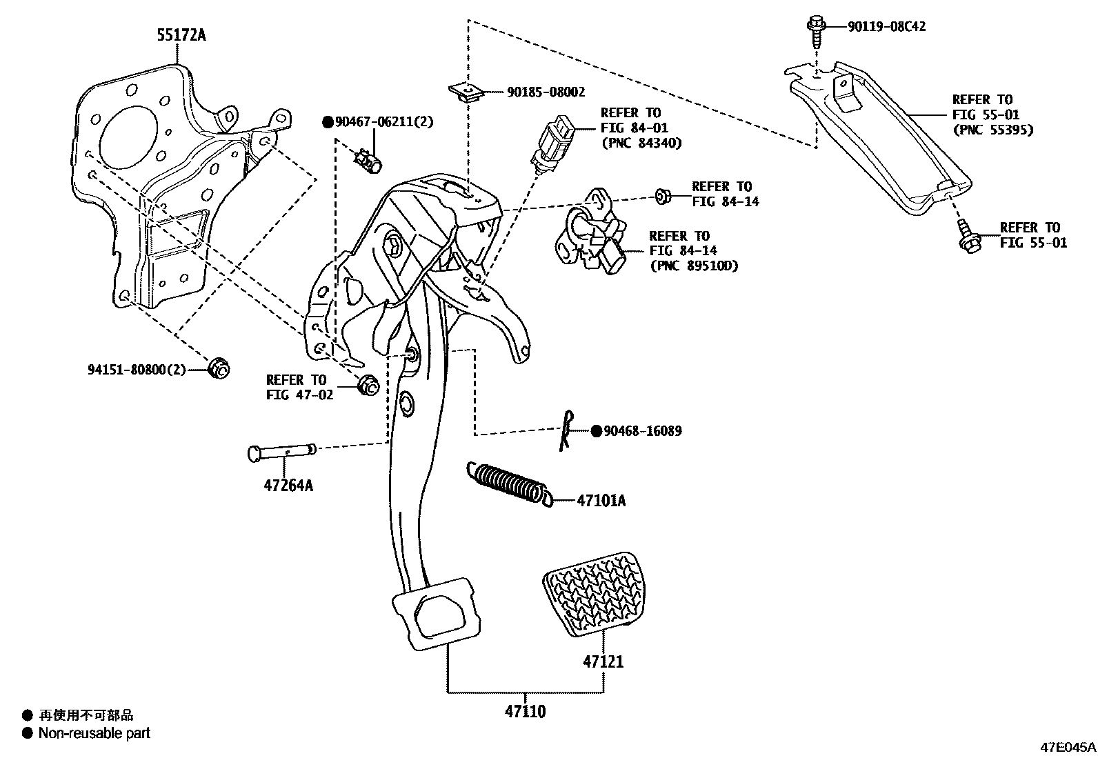 Toyota COROLLA Brake Pedal & Bracket EPC diagram — 47E045A