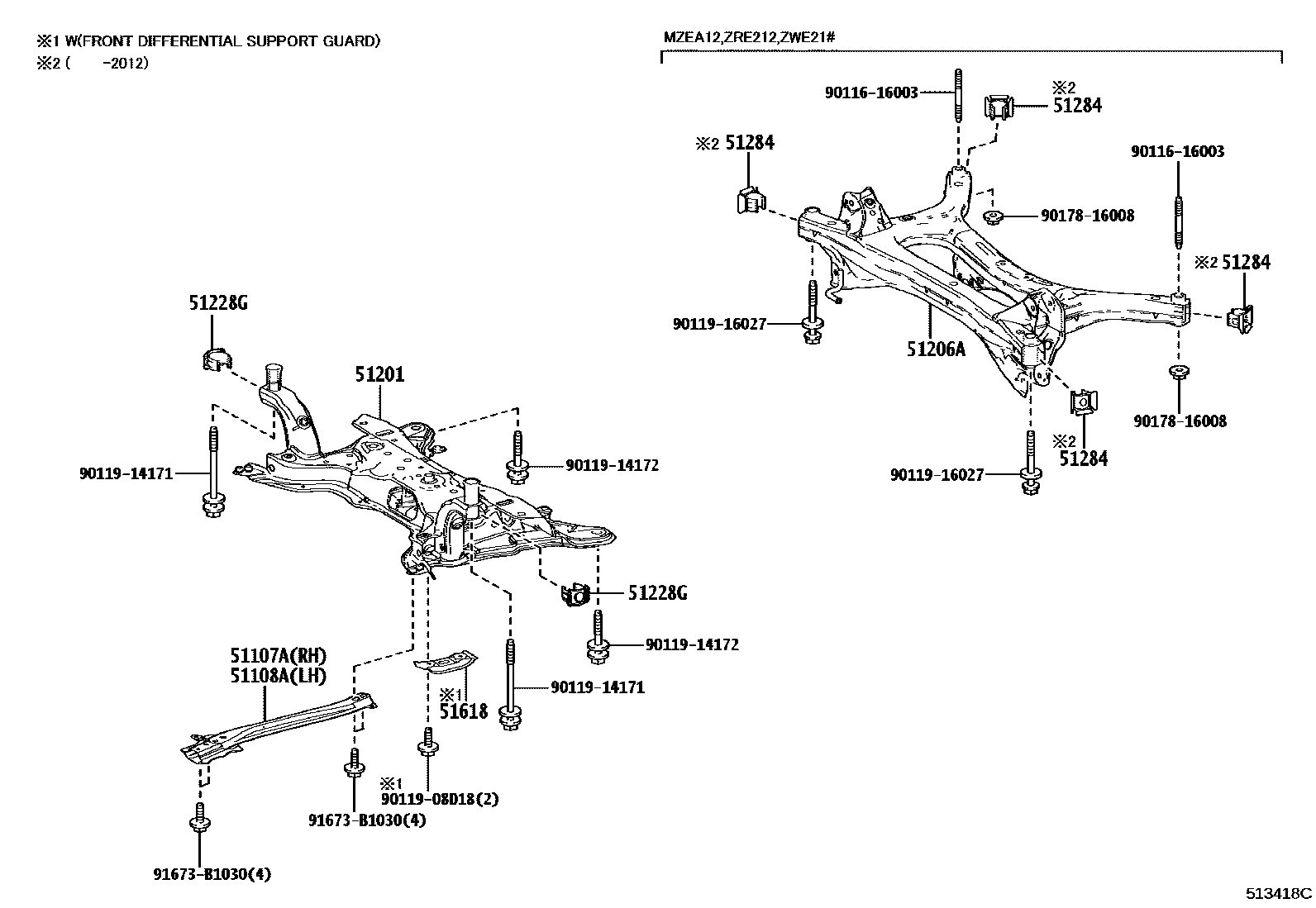 Toyota COROLLA 悬架横梁和发动机底罩 EPC diagram — 513418C