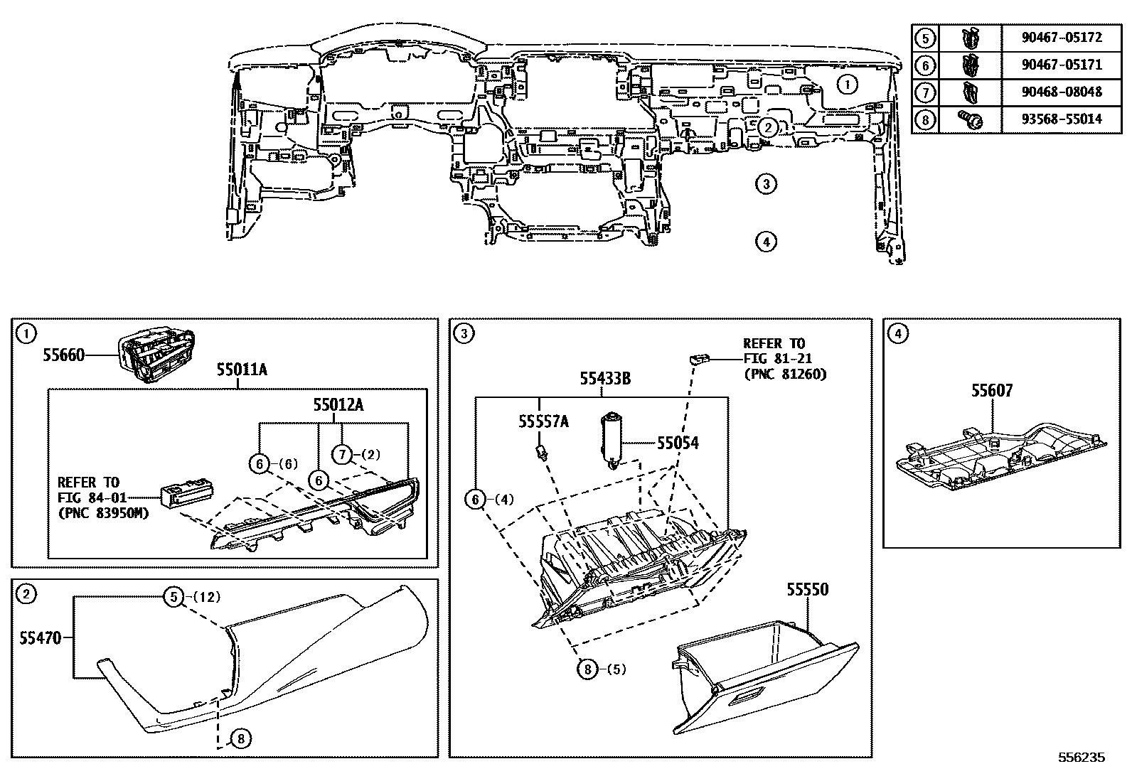 Toyota COROLLA 仪表板和手套箱 EPC diagram — 556235
