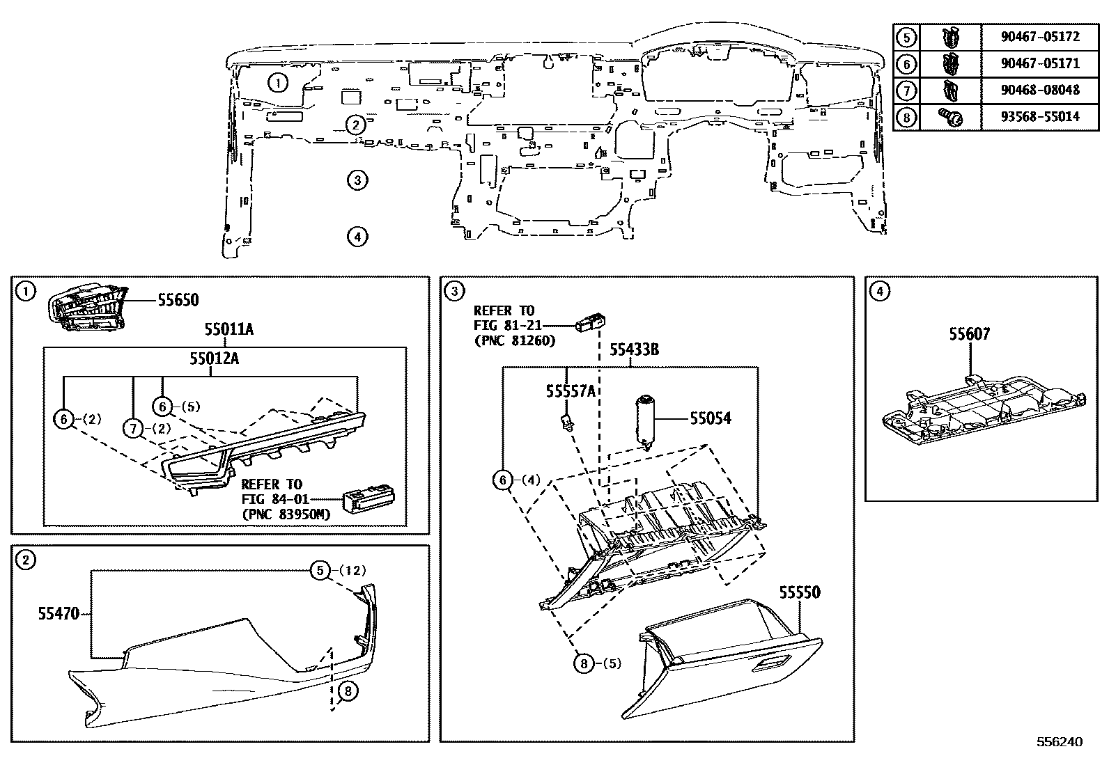 Toyota COROLLA 仪表板和手套箱 EPC diagram — 556240
