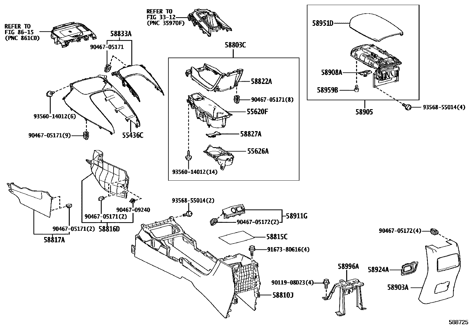 Toyota COROLLA 中央扶手箱和支架 EPC diagram — 588725