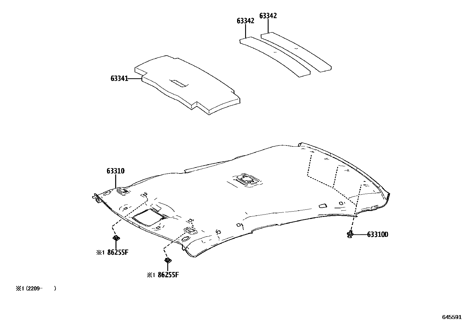 Toyota COROLLA 车顶内衬和消声垫 EPC diagram — 645591