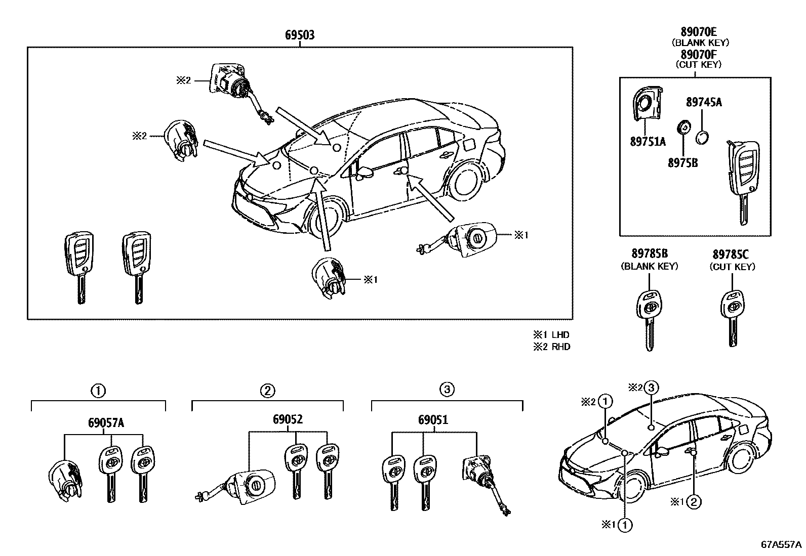 Toyota COROLLA 锁芯组件 EPC diagram — 67A557A