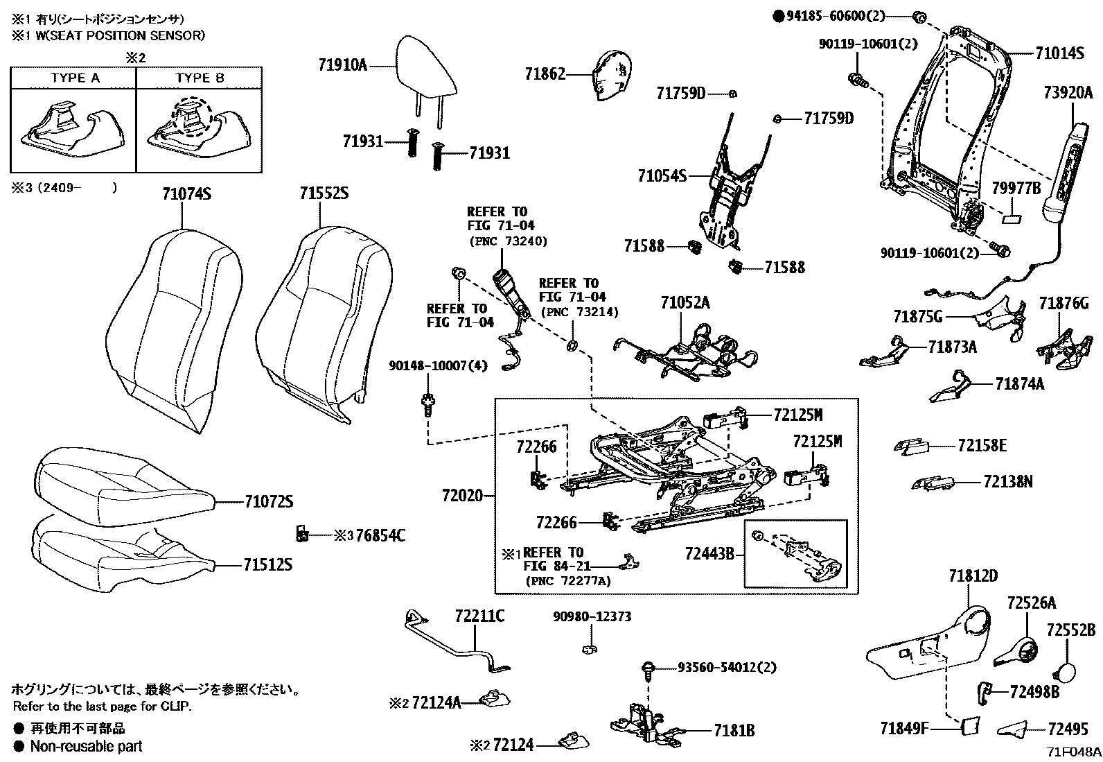 Toyota COROLLA 前排座椅和座椅滑轨 EPC diagram — 71F048A