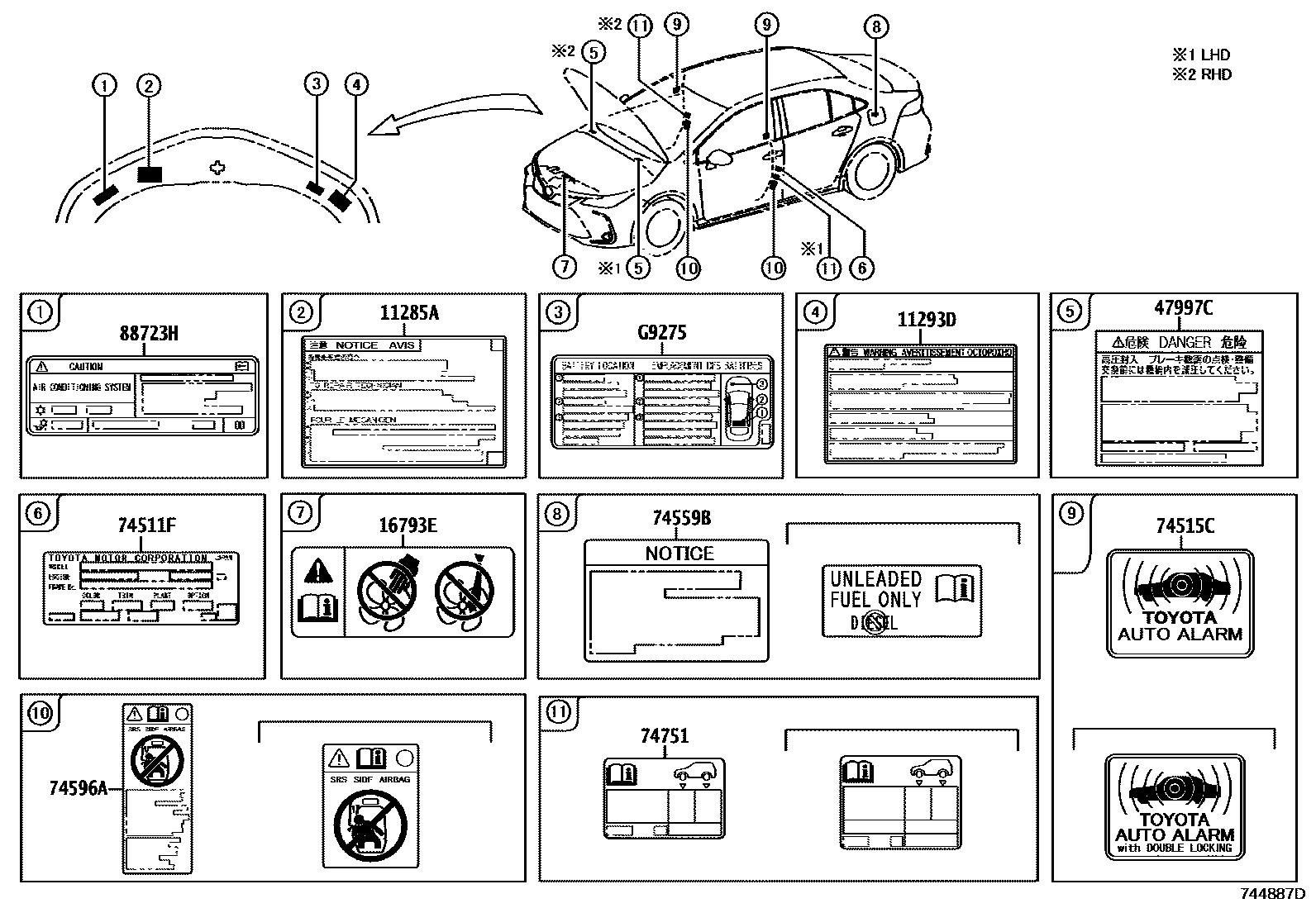 Toyota COROLLA 警示铭牌(车外和车内) EPC diagram — 744887D