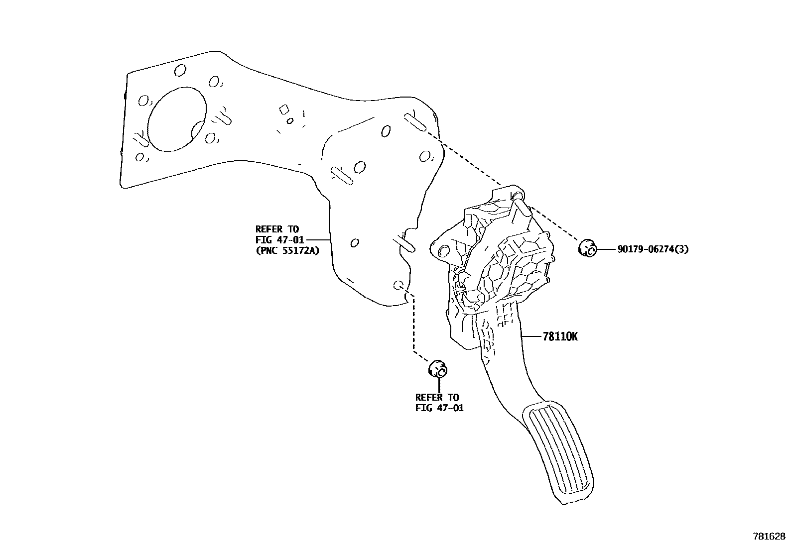 Toyota COROLLA accelerator pedal connecting rod EPC diagram — 781628