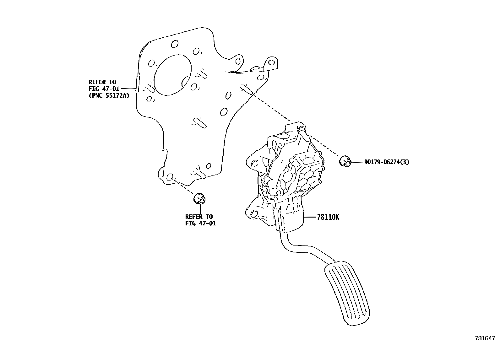 Toyota COROLLA accelerator pedal connecting rod EPC diagram — 781647