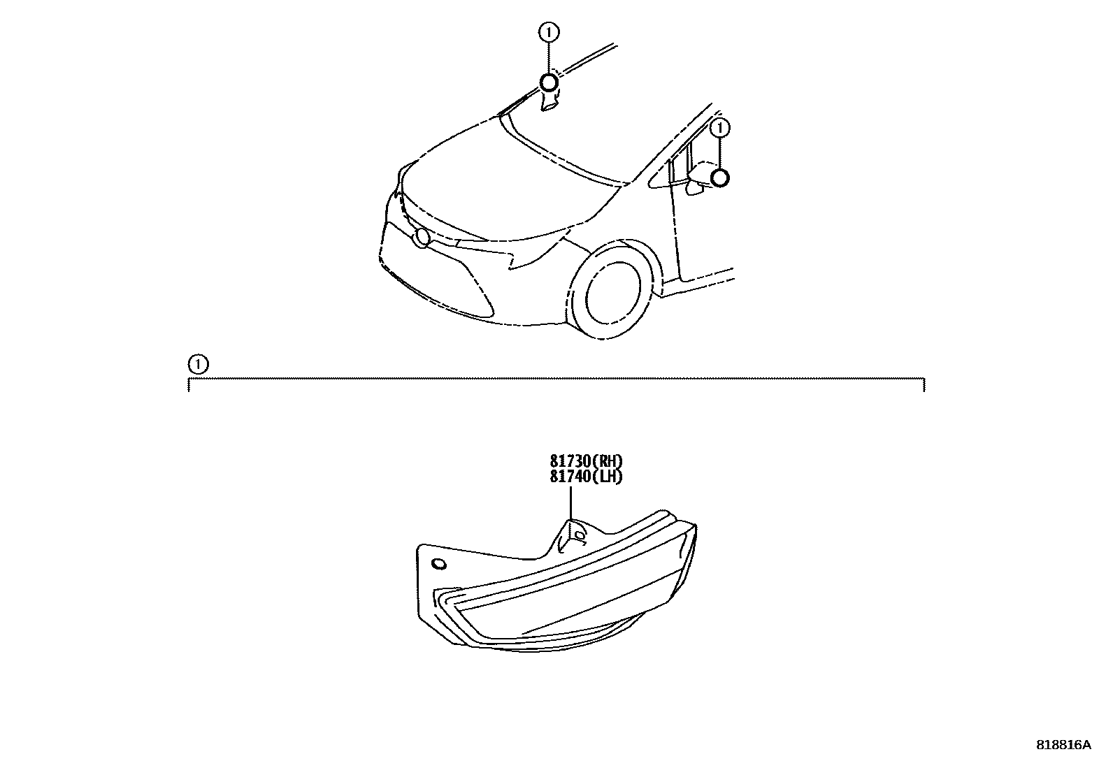 Toyota COROLLA Side Turn Signal & Outer Mirror Lamp EPC diagram — 818816A