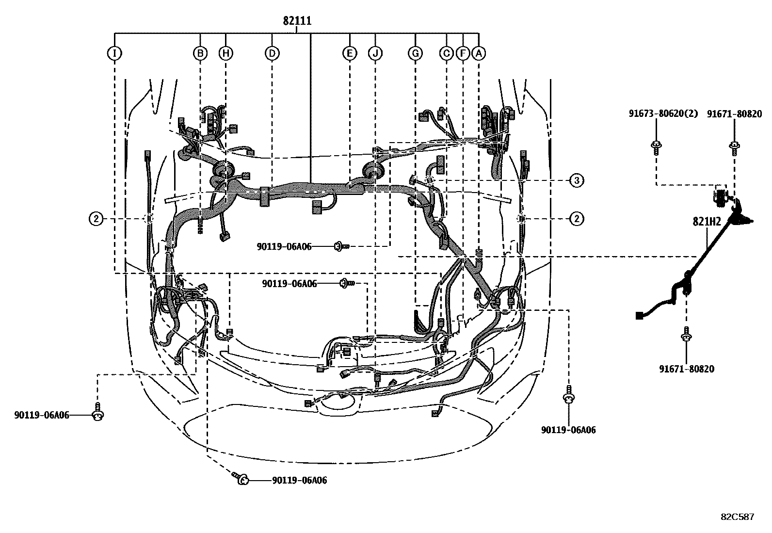 Toyota COROLLA 线束和卡夹 EPC diagram — 82C587