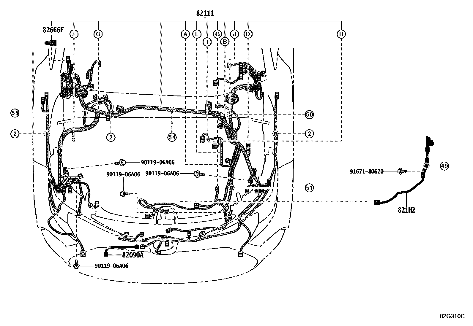 Toyota COROLLA 线束和卡夹 EPC diagram — 82G310C