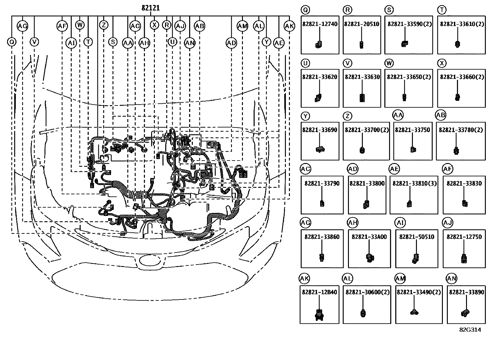 Toyota COROLLA 线束和卡夹 EPC diagram — 82G314