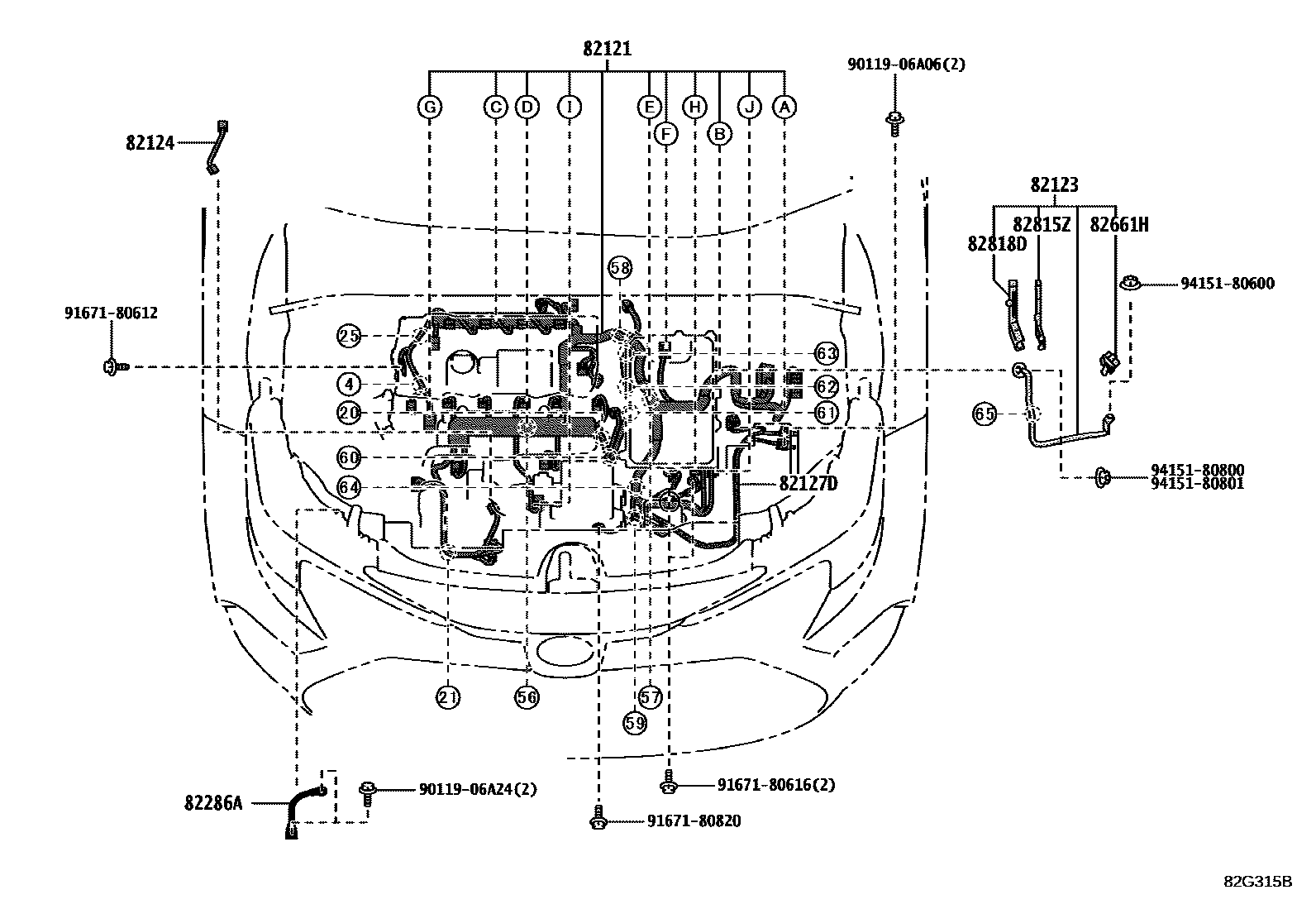 Toyota COROLLA 线束和卡夹 EPC diagram — 82G315B