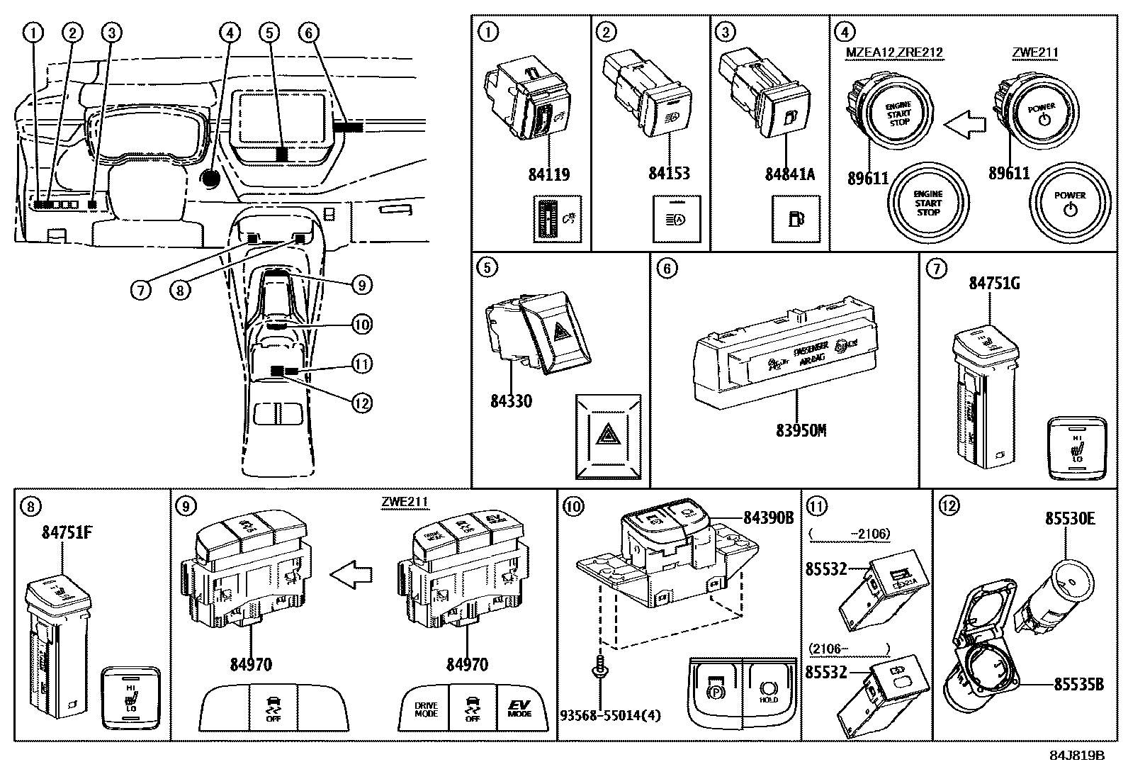 Toyota COROLLA 开关和继电器和ECU EPC diagram — 84J819B