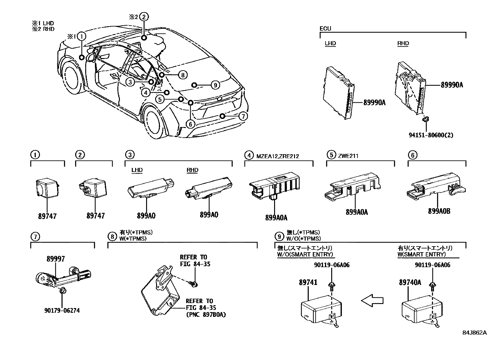 Toyota COROLLA 遥控门锁 EPC diagram — 84J862A