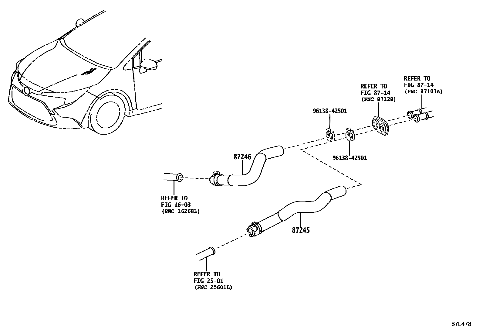 Toyota COROLLA 暖风和空调系统 - 水管 EPC diagram — 87L478