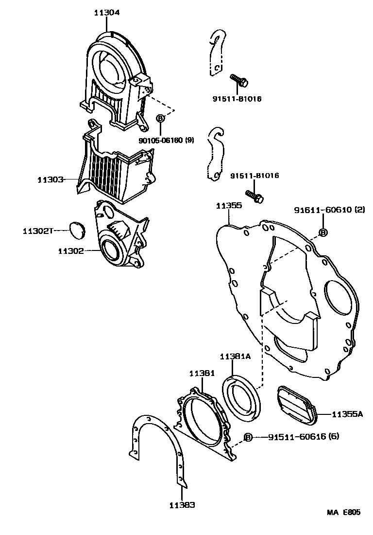 Toyota COROLLA Timing Gear Cover & Rear End Plate EPC diagram — MAE805