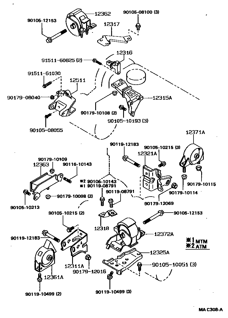Toyota COROLLA Engine Mounting EPC diagram — MAC308A