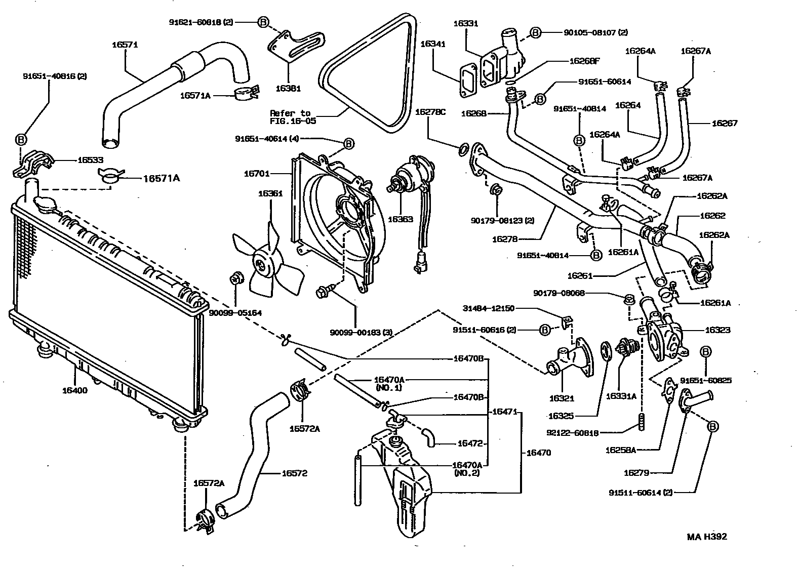 Toyota COROLLA RADIATOR & WATER OUTLET EPC diagram — MAH392