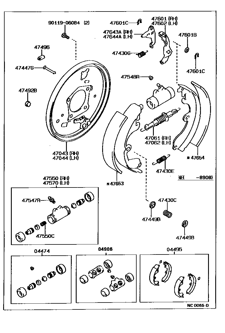 Toyota COROLLA 后鼓式制动器分泵和底板 EPC diagram — NC0065D