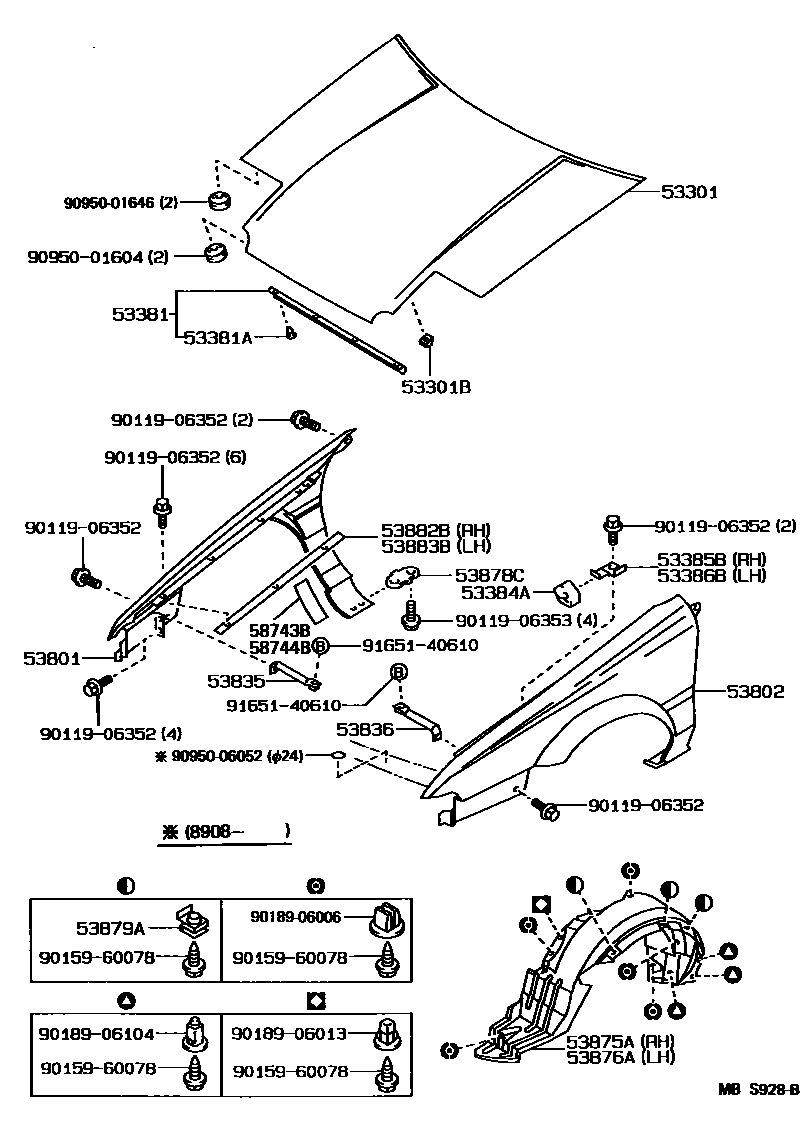 Toyota COROLLA 发动机盖和前翼子板 EPC diagram — MBS928B