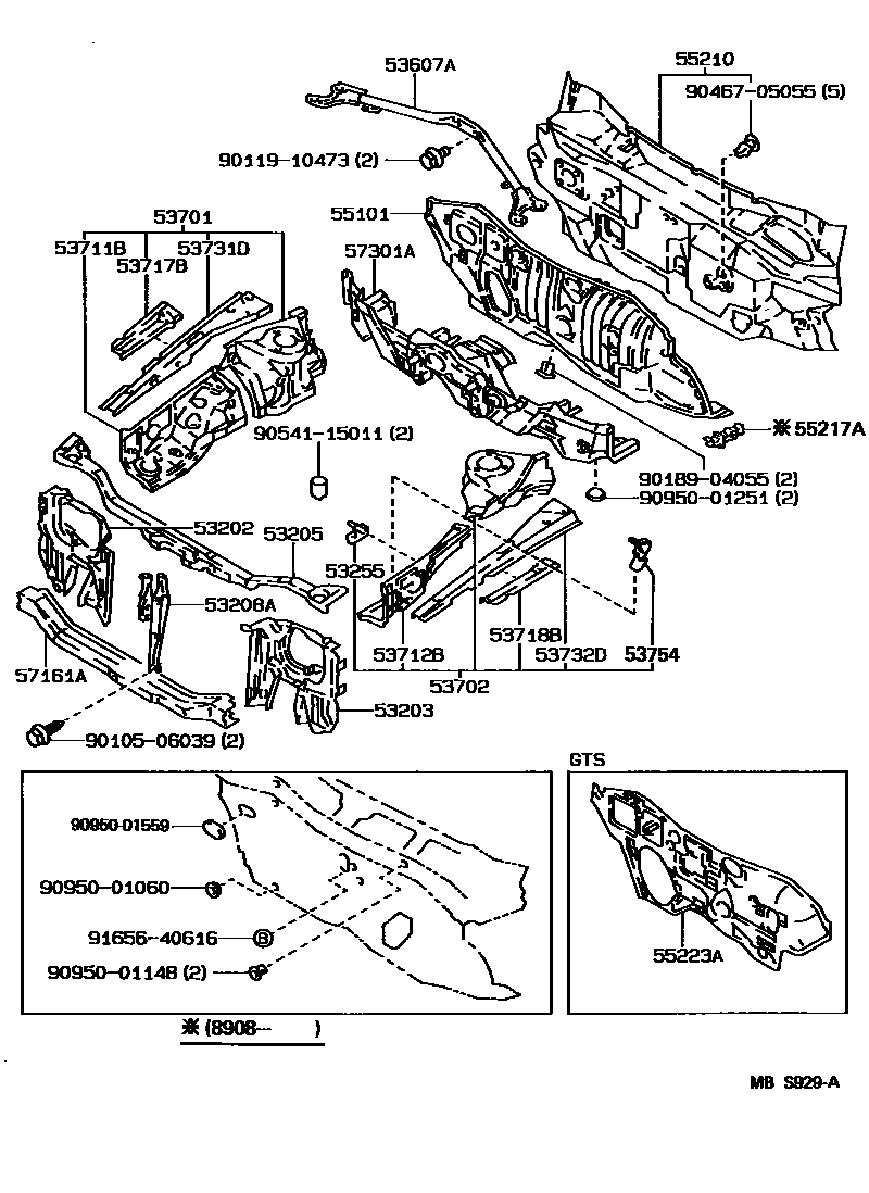 Toyota COROLLA 前翼子板挡泥板和前围板 EPC diagram — MBS929A