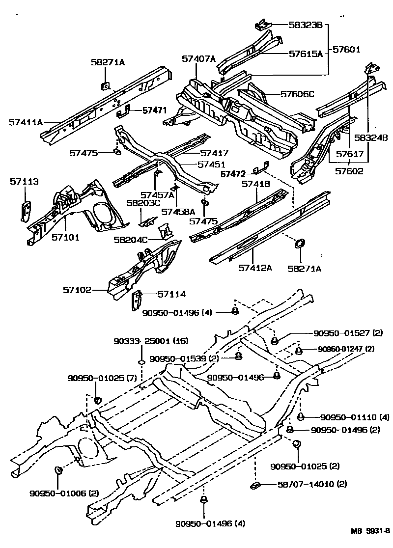 Toyota COROLLA Floor stringers EPC diagram — MBS931B