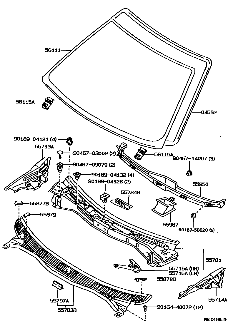 Toyota COROLLA 前围板和挡风玻璃 EPC diagram — NB0195D
