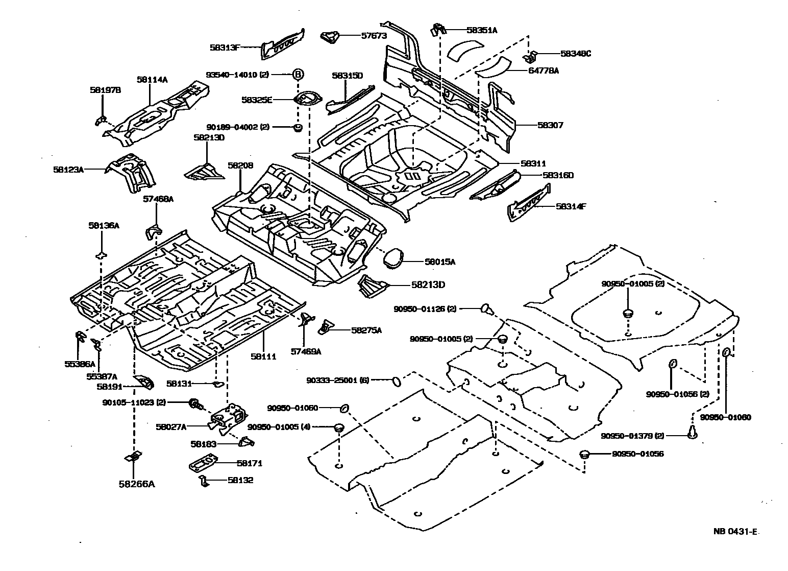 Toyota COROLLA 浅盘形地板和车身下背板 EPC diagram — NB0431E