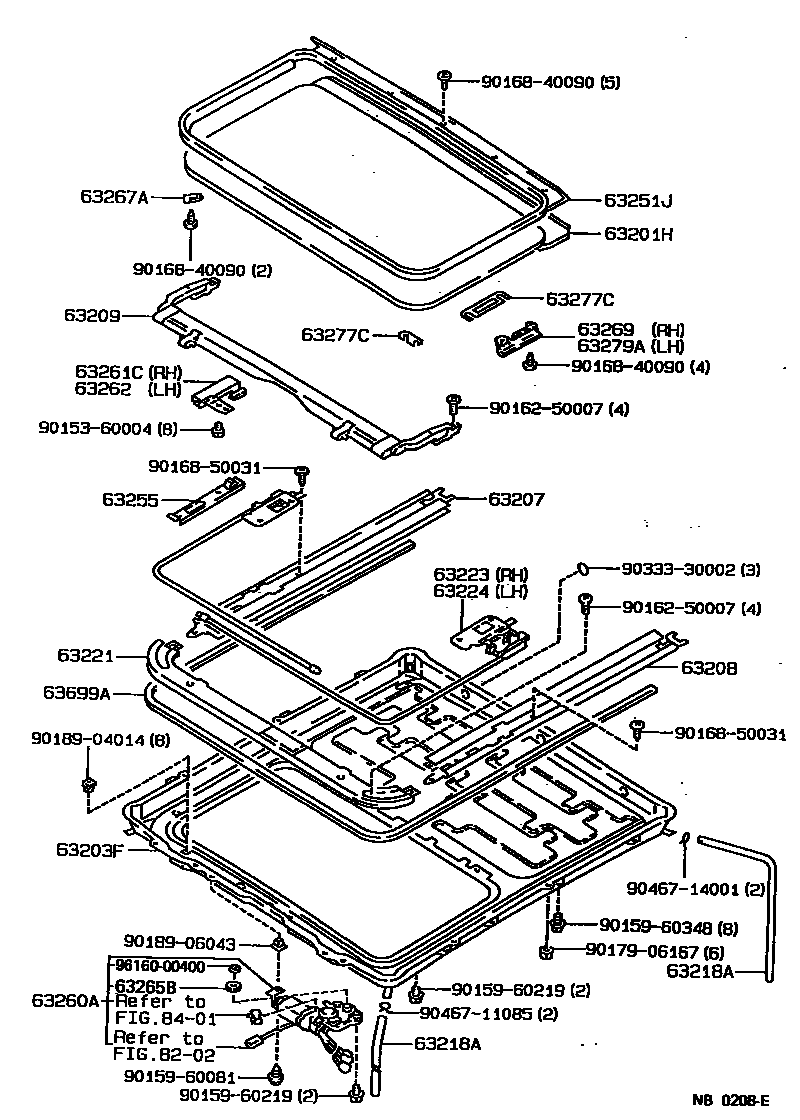 Toyota COROLLA 天窗板和背窗玻璃 EPC diagram — NB0208E