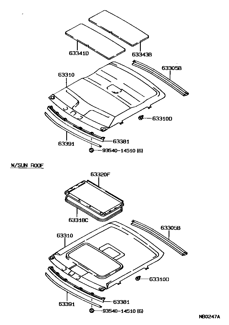 Toyota COROLLA 车顶内衬和消声垫 EPC diagram — NB0247A