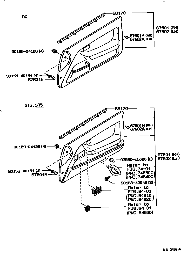 Toyota COROLLA 前门板和前门玻璃 EPC diagram — NB0497A