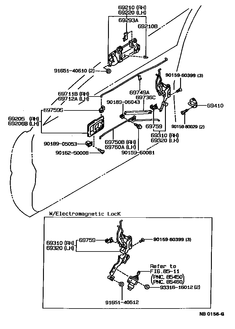 Toyota COROLLA 前门锁和车门把手 EPC diagram — NB0156G