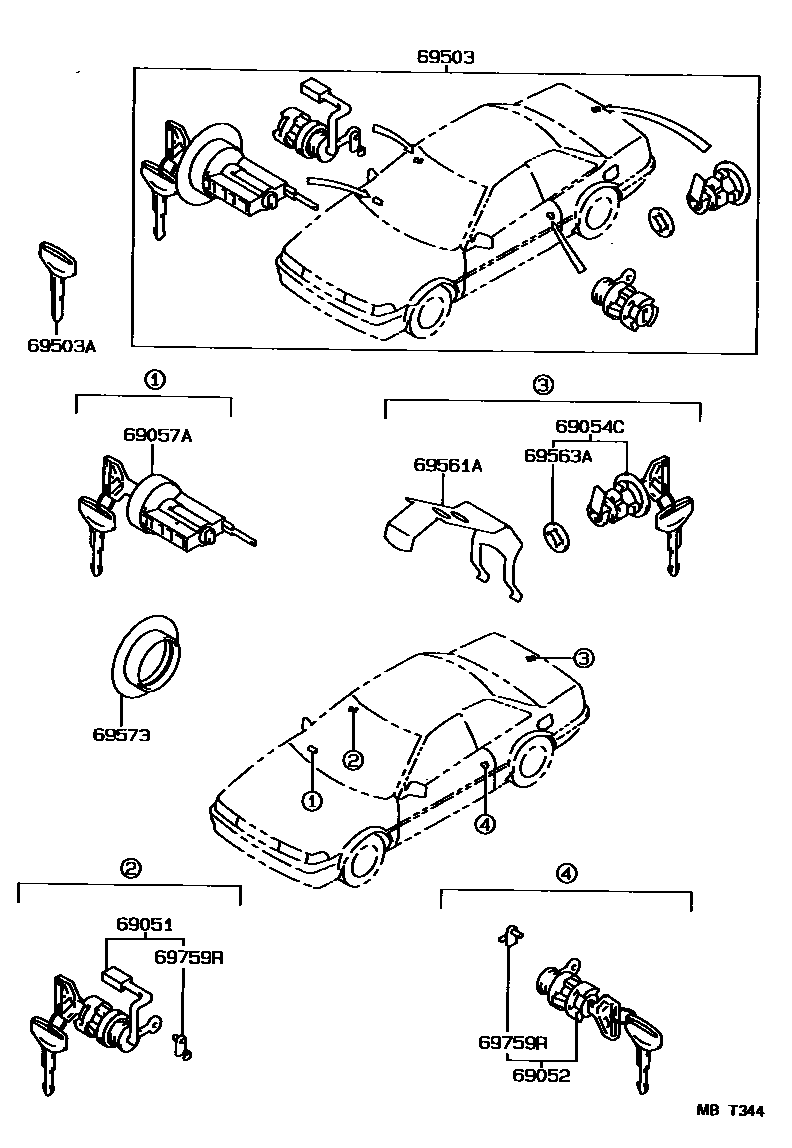 Toyota COROLLA 锁芯组件 EPC diagram — MBT344