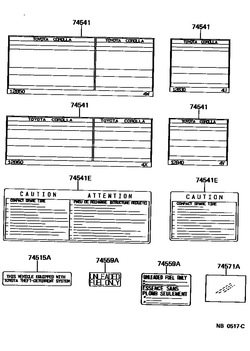 Toyota COROLLA 警示铭牌(车外和车内) EPC diagram — NB0517C