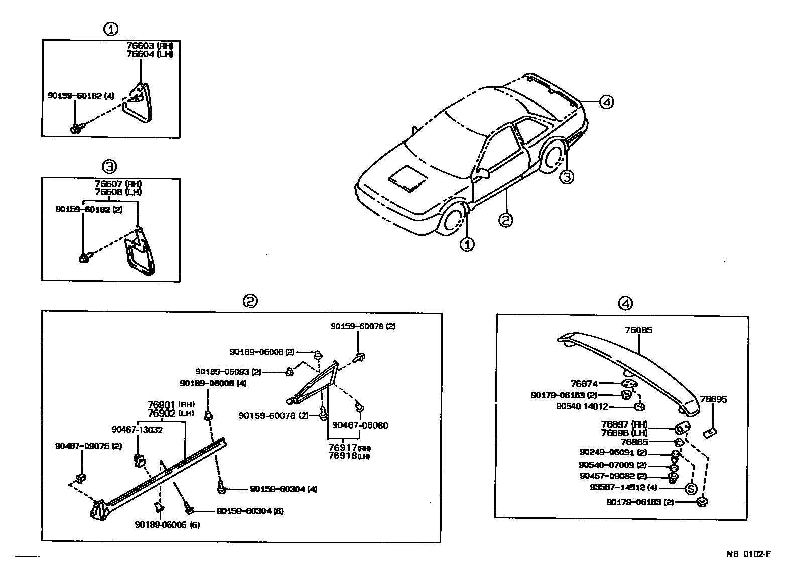 Toyota COROLLA 挡泥板和扰流板 EPC diagram — NB0102F