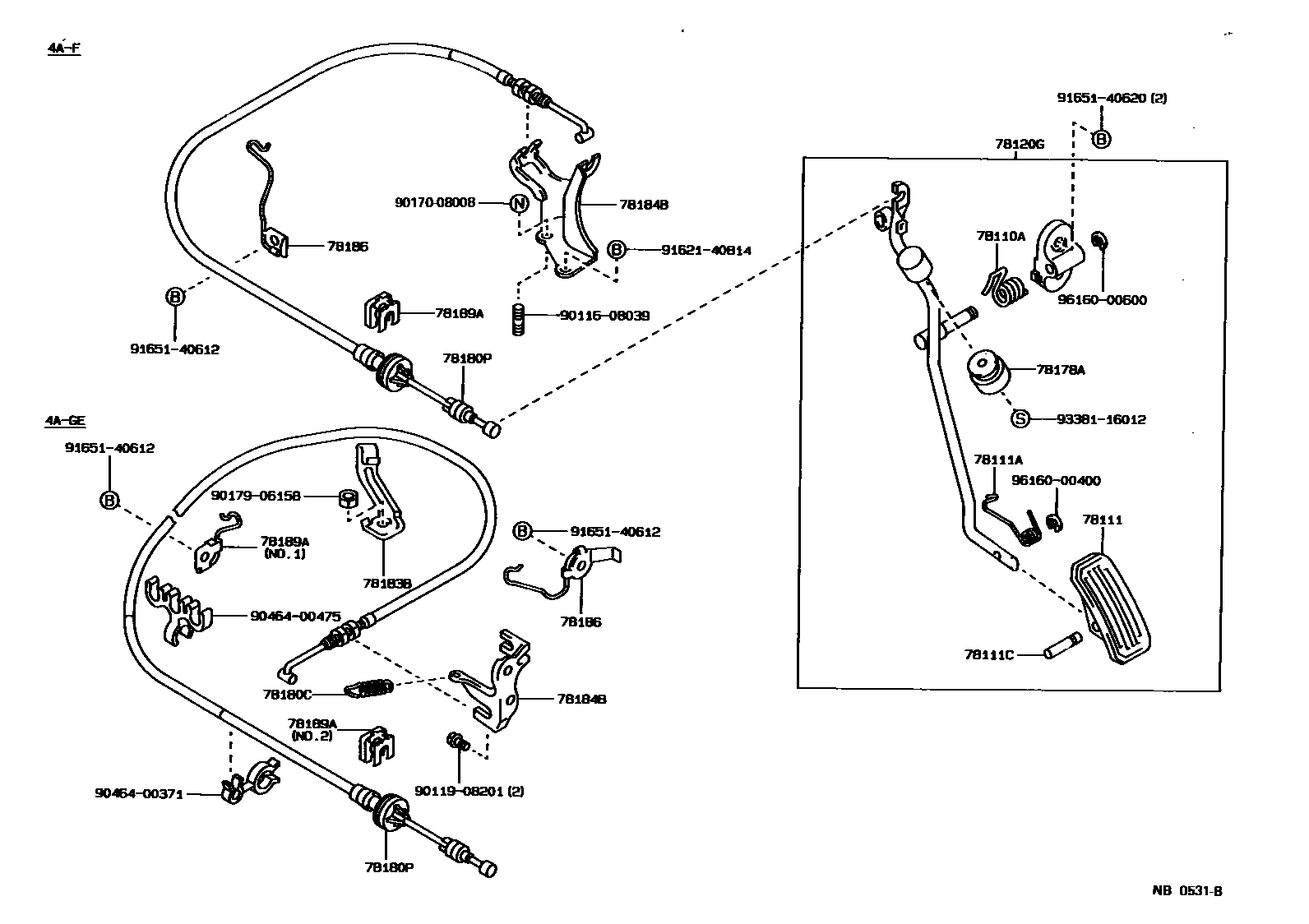 Toyota COROLLA accelerator pedal connecting rod EPC diagram — NB0531B