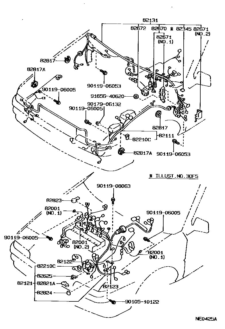 Toyota COROLLA 线束和卡夹 EPC diagram — NE0425A