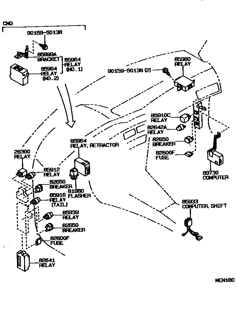 Toyota COROLLA 开关和继电器和ECU EPC diagram — MEN180