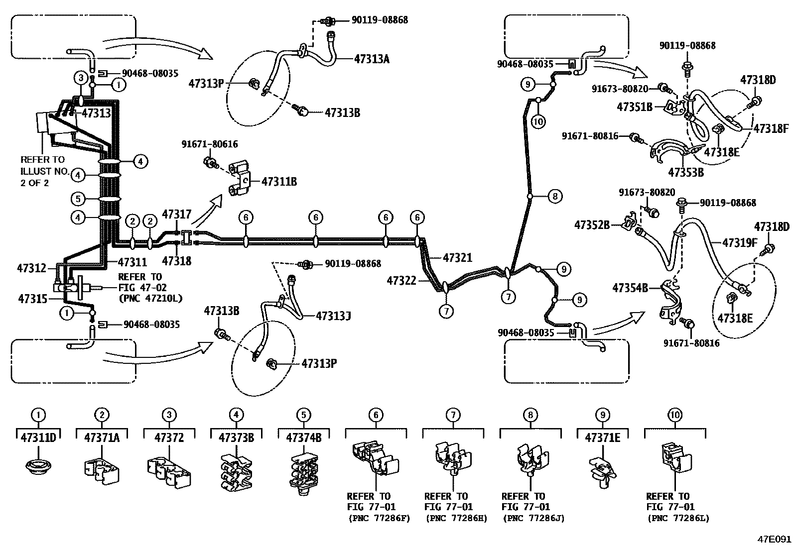 Toyota COROLLA 制动配管和卡箍 EPC diagram — 47E091